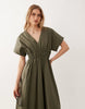 Mango v neck cinched waist midi dress in khaki
