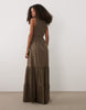 Brave Soul scoop neck shirred bodice maxi dress with tiered skirt in brown