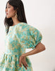 Sister Jane jacquard puff sleeve bubble hem mini dress in pistachio floral