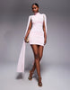 Ruched & Ready sculpting mock neck mesh cape and twisted skirt detailing mini dress in baby pink