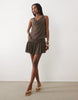 Mango cowl neck mini dress with flippy skirt in brown