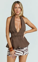 Jameela Top - Halter Neck Tie Back Gathered Top in Chocolate