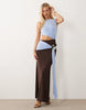 slinky color block slash neck maxi dress with gold trim detail in chocolate and baby blue