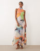 chiffon high neck maxi dress in multi abstract print