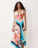 Tall deep cowl asymmetric open back maxi dress in scarf print