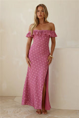 Dotted Delight Off Shoulder Maxi Dress Magenta