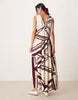v neck trapeze tiered maxi dress in chocolate and cream stripe
