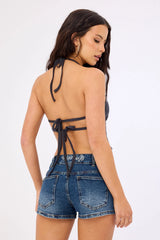 Neovision Misty Lace Up Denim Short Mid Blue Denim