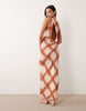 draped open back trim detail linen look maxi dress in check print