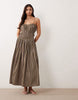 shirred cotton poplin maxi sundress with dropped waist in khaki and pink stripe