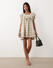 scoop neck mini smock dress with ruffles in tan plaid