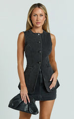 Rhianna Top - Button Down Longline Recycled Denim Vest Top in Black