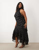 Curve halter maxi dress with scarf detail and ruffle hem in mono dot