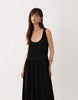 scoop neck drop waist midi dress in black