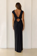 Sultry Draped One Shoulder Maxi Dress Black