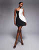 Premium pearl embellished bonded mini dress with pleat detail in black and cream scuba-style fabric