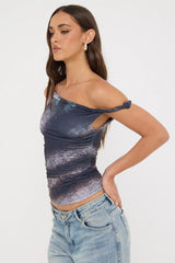 Luck & Trouble Sabina Twist Off Shoulder Top Black Print