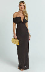 Alessia Maxi Dress - Off Shoulder Ruched Bodycon Dress in Chocolate