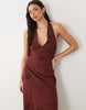 halter neck midi sundress with chiffon sculpted bust detail in chocolate