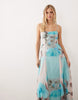 strappy chiffon maxi dress with deep godets in blue blown up floral