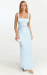 Rumi Maxi Dress - Ruched Bodice Satin Dress in Pale Blue
