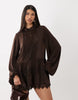 Bardot Antonia lace trim balloon sleeve button down mini dress in chocolate brown