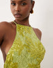 embellished lace high neck maxi dress with full godet hem in lime