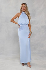 Silken Society Halter Satin Maxi Dress Blue