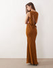 draped open back trim detail linen look maxi dress in tobacco