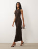 plisse sleeveless wrap tie front maxi dress in brown