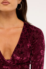 Luck & Trouble Bridie Flocked Long Sleeve V Neck Top Burgundy