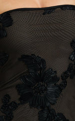 Shelby Mini Dress - Strapless Rosette Bodycon Dress in Black