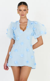 Azalea Mini Dress - Puff Sleeve 3D Floral A Line Dress in Blue