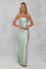 The Seraphina Strapless Satin Maxi Dress Sage Green