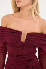 Luck & Trouble Bella Off Shoulder Long Sleeve Mini Dress Burgundy