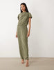 plisse draped waist midi dress in khaki