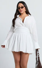 Valerie Mini Dress - Collared Long Sleeve Waist Shirt Dress in White