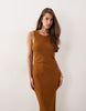 draped open back trim detail linen look maxi dress in tobacco