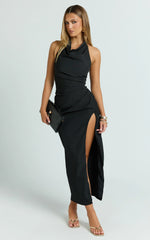 Finn Midi Dress - Folded Cowl Halter With Front Leg Split in Black