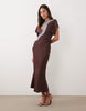 lace appliqué grown on sleeves bias cut satin dress in plum