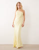 SNDYS satin asymmetric shoulder cowl back strappy maxi dress in yellow