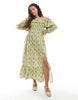 Miss Selfridge Petite printed linen blend bardot maxi dress in green floral