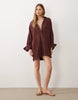 double cloth mini shirt dress with wide cuffs and oversized pockets in warm chocolate
