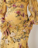 bardot ruffle maxi dress with tiered godets and blouson sleeves in yellow floral
