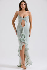 pistachio ruffled front gown