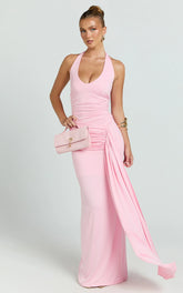 Dixie Maxi Dress - Plunge Halter Low Back Dress in Pink