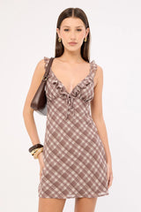 Luck & Trouble Alina Chiffon Mini Dress Brown Plaid