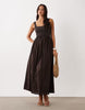 scoop ribbed bodice with poplin skirt midi dress in chocolate