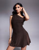 Kaiia exclusive double layered slinky off shoulder drape detail fitted waist mini skater dress in chocolate brown