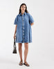 PIECES denim mini shirt dress in medium blue